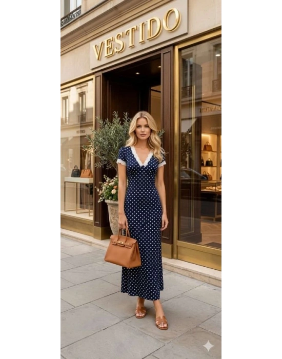 Kadın Kısa Kollu V Yaka Puantiyeli Dantel Detay axi Boy Likralı Viskon Elbise