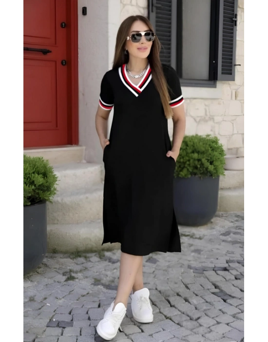 Kadın Kısa Kollu V Yaka Ribana Detay Midiboy Viskon Elbise