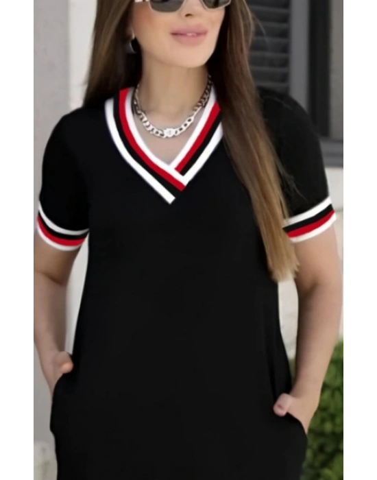 Kadın Kısa Kollu V Yaka Ribana Detay Midiboy Viskon Elbise