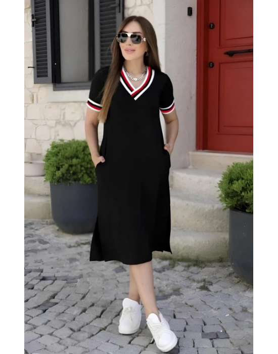 Kadın Kısa Kollu V Yaka Ribana Detay Midiboy Viskon Elbise