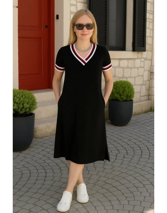 Kadın Kısa Kollu V Yaka Ribana Detay Midiboy Viskon Elbise