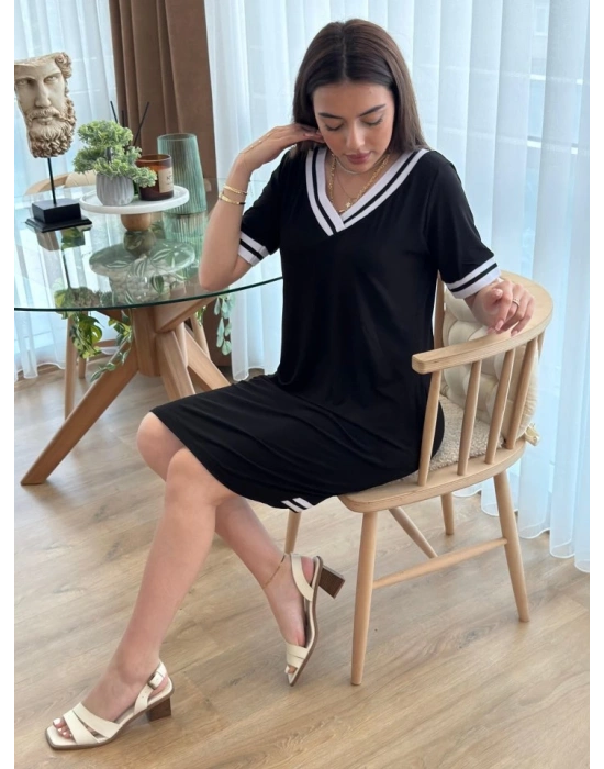 Kadın Kısa Kollu V Yaka Ribana Detaylı Cepli Dizüstü Viskon Elbise