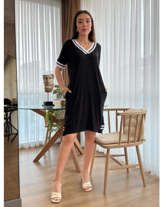 Kadın Kısa Kollu V Yaka Ribana Detaylı Cepli Dizüstü Viskon Elbise