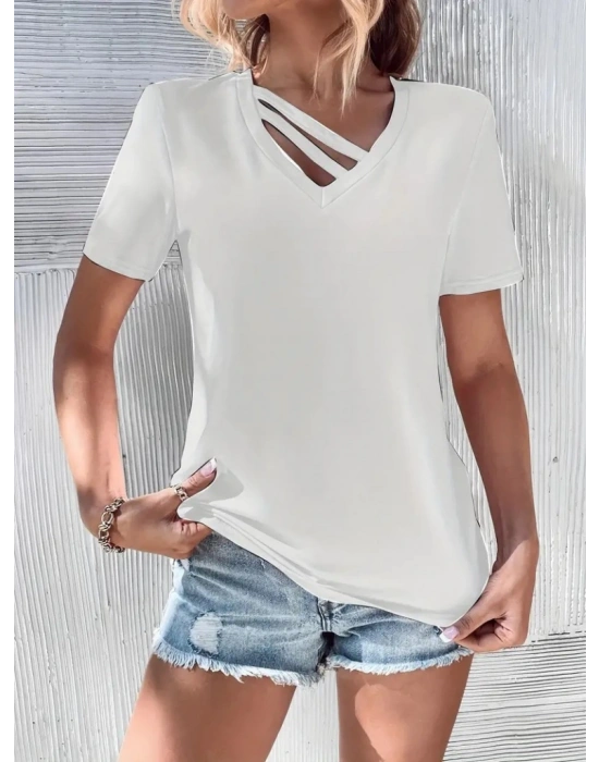 Kadın Kısa Kollu V Yaka şerit Detay Viskon Bluz