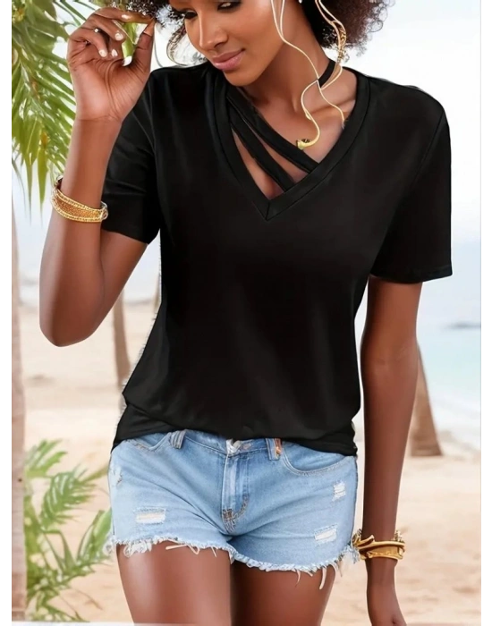 Kadın Kısa Kollu V Yaka şerit Detay Viskon Bluz