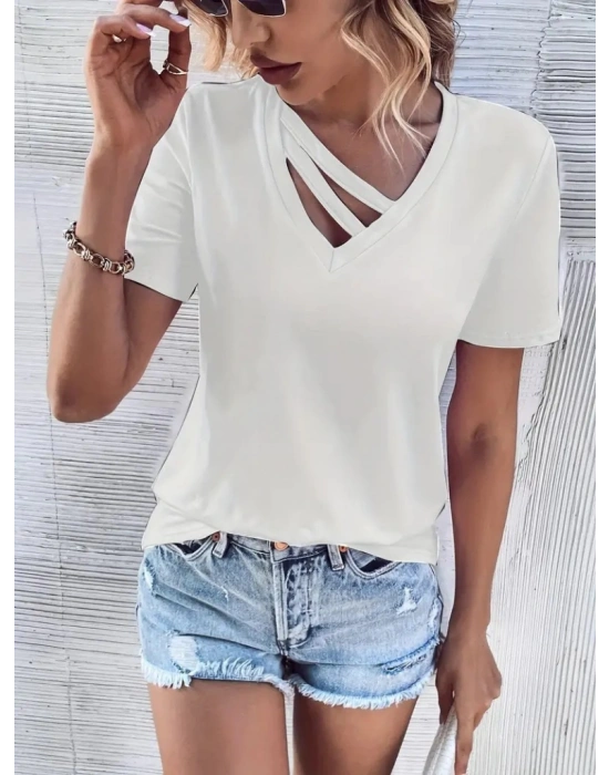 Kadın Kısa Kollu V Yaka şerit Detay Viskon Bluz