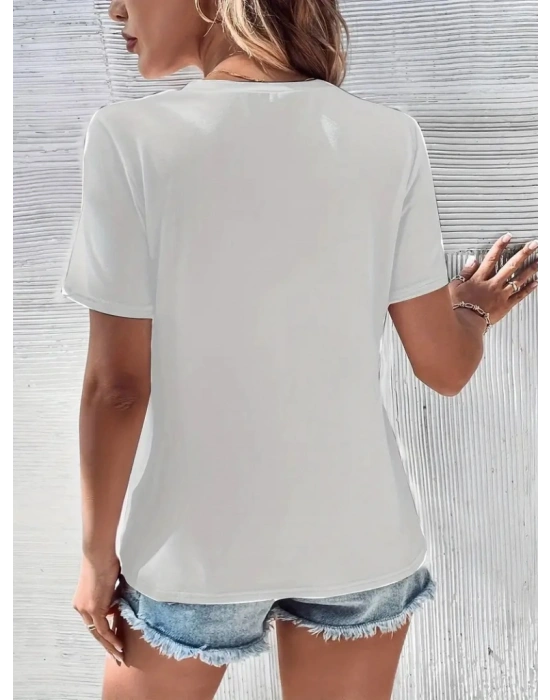 Kadın Kısa Kollu V Yaka şerit Detay Viskon Bluz