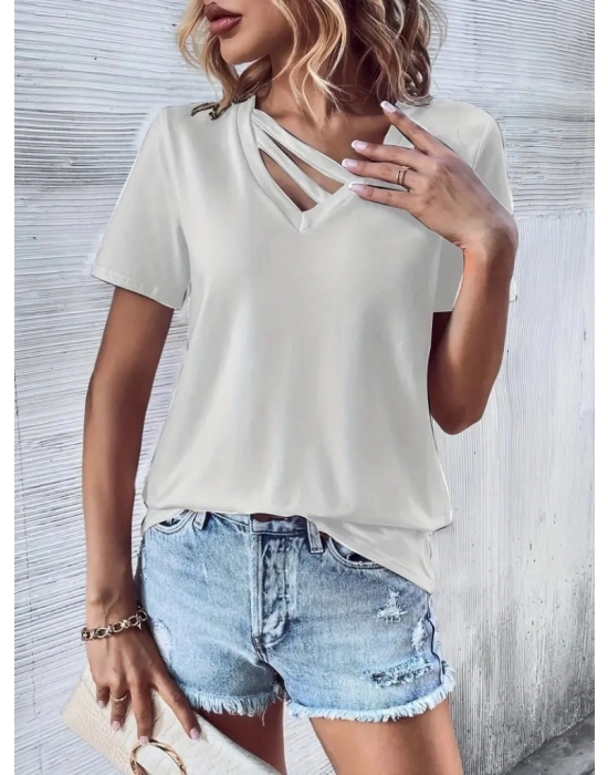 Kadın Kısa Kollu V Yaka şerit Detay Viskon Bluz