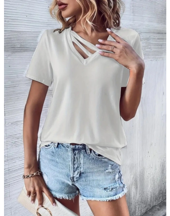 Kadın Kısa Kollu V Yaka şerit Detay Viskon Bluz