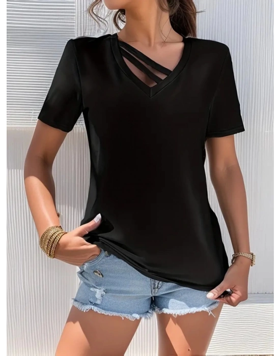 Kadın Kısa Kollu V Yaka şerit Detay Viskon Bluz