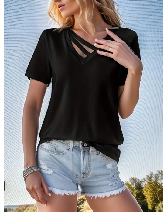 Kadın Kısa Kollu V Yaka şerit Detay Viskon Bluz
