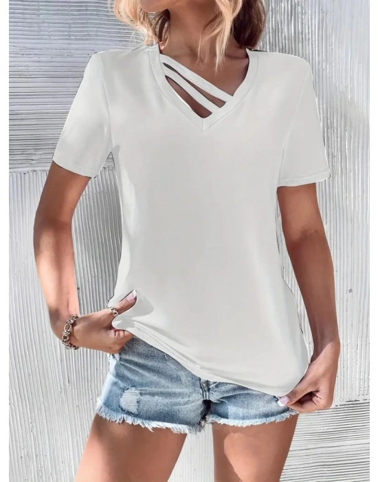 Kadın Kısa Kollu V Yaka şerit Detay Viskon Bluz