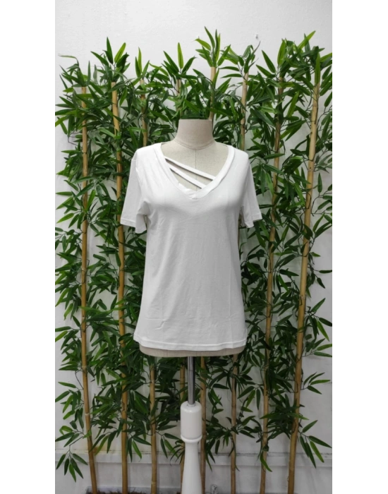 Kadın Kısa Kollu V Yaka şerit Detay Viskon Bluz