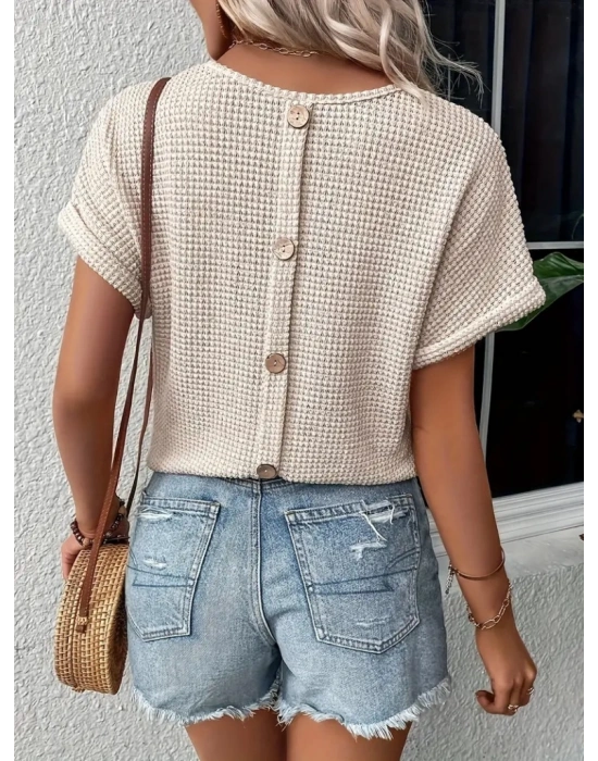 Kadın Kısa Kollu V Yaka Sırt Düğme Detay Triko Bluz