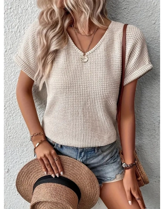 Kadın Kısa Kollu V Yaka Sırt Düğme Detay Triko Bluz
