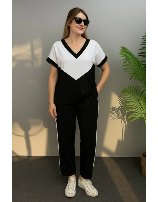 Kadın Kısa Kollu V Yaka Siyah Beyaz Renkli Viskon Iki Iplik Kumaş Eşofman Takımı