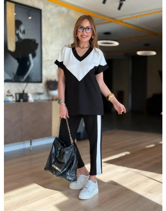 Kadın Kısa Kollu V Yaka Siyah Beyaz Renkli Viskon Iki Iplik Kumaş Eşofman Takımı