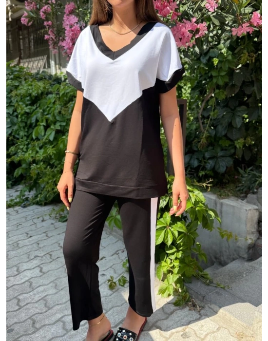 Kadın Kısa Kollu V Yaka Siyah Beyaz Renkli Viskon Iki Iplik Kumaş Eşofman Takımı