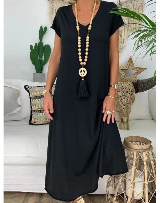 Kadın Kısa Kollu V Yaka Süprem Tam Boy Elbise