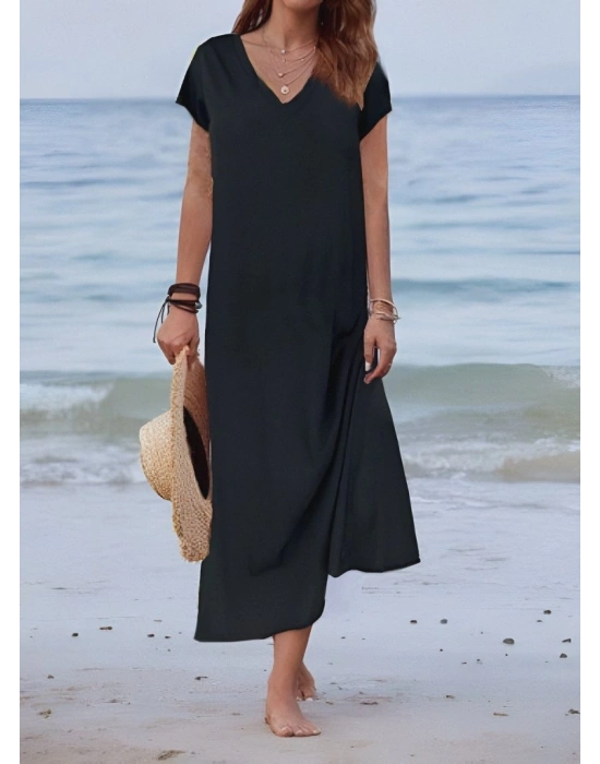 Kadın Kısa Kollu V Yaka Süprem Tam Boy Elbise