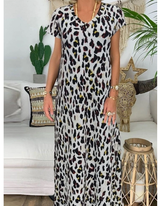 Kadın Kısa Kollu V Yaka Tam Boy Zebra Desen Pegasus Kumaş Elbise