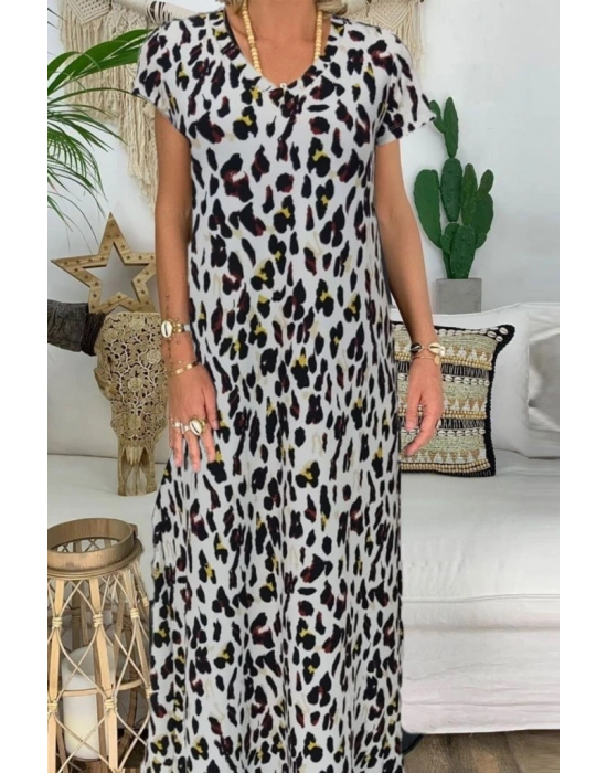 Kadın Kısa Kollu V Yaka Tam Boy Zebra Desen Pegasus Kumaş Elbise