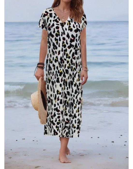 Kadın Kısa Kollu V Yaka Tam Boy Zebra Desen Pegasus Kumaş Elbise