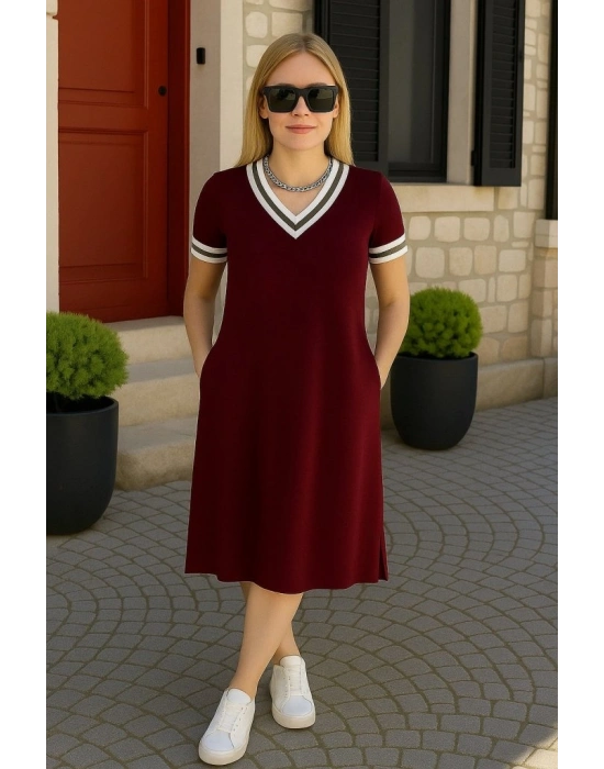 Kadın Kısa Kollu V Yaka Ve Yaka Ribana Detay Midiboy Viskon Elbise