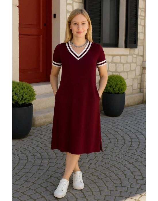 Kadın Kısa Kollu V Yaka Ve Yaka Ribana Detay Midiboy Viskon Elbise