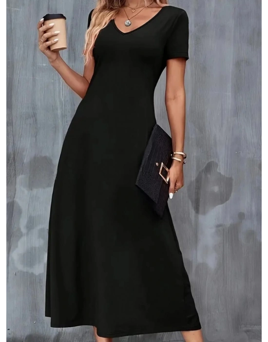 Kadın Kısa Kollu V Yaka Viskon Elbise