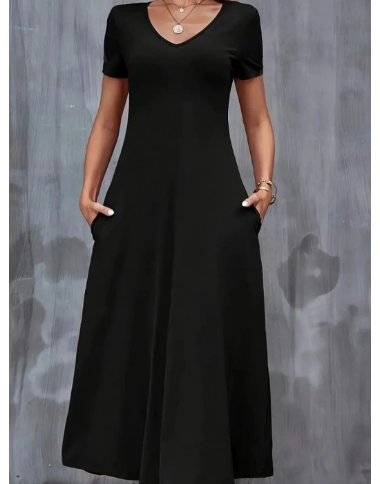 Kadın Kısa Kollu V Yaka Viskon Elbise