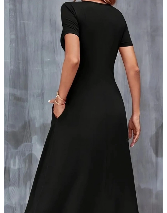 Kadın Kısa Kollu V Yaka Viskon Elbise