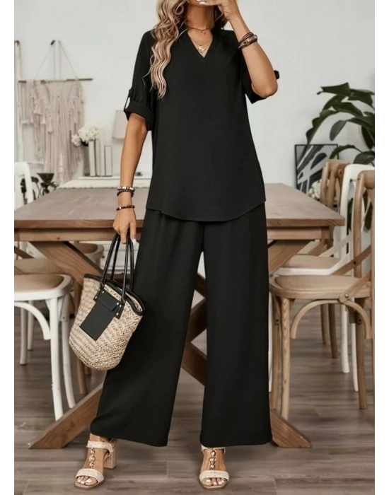 Kadın Kısa Kollu V Yakalı Aerobin Bluz Ve Pantolon Ikili Takım