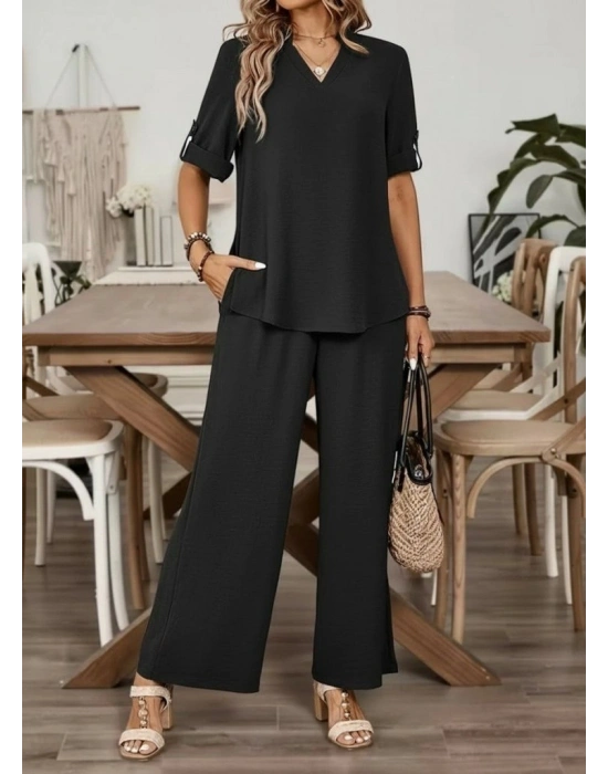 Kadın Kısa Kollu V Yakalı Aerobin Bluz Ve Pantolon Ikili Takım