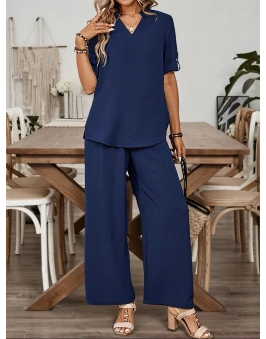 Kadın Kısa Kollu V Yakalı Aerobin Bluz Ve Pantolon Ikili Takım