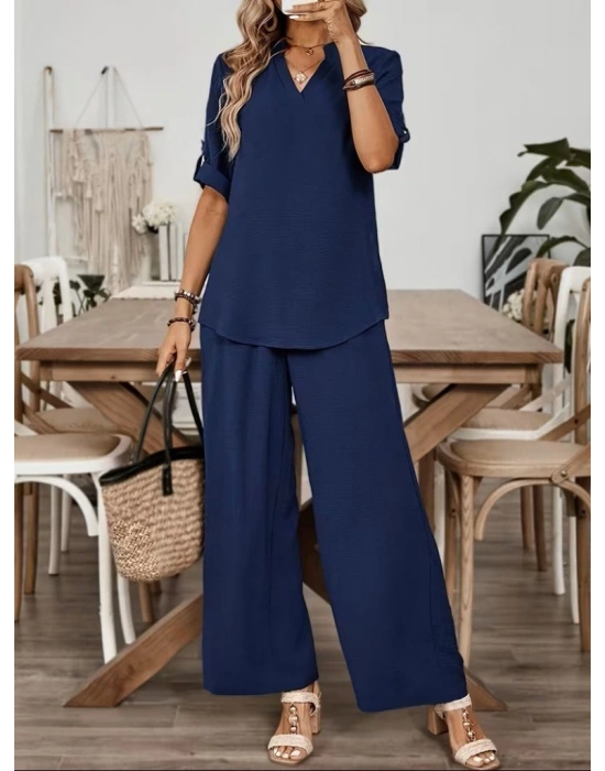 Kadın Kısa Kollu V Yakalı Aerobin Bluz Ve Pantolon Ikili Takım