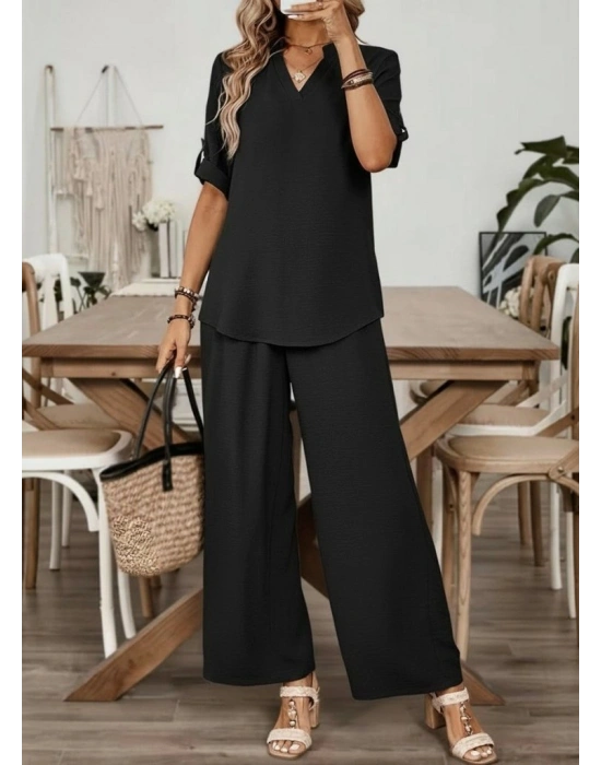 Kadın Kısa Kollu V Yakalı Aerobin Bluz Ve Pantolon Ikili Takım