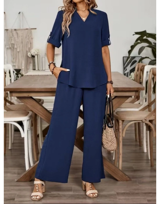 Kadın Kısa Kollu V Yakalı Aerobin Bluz Ve Pantolon Ikili Takım