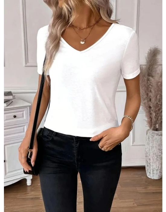 Kadın Kısa Kollu V Yakalı Arkası Dantelli Viskon Bluz