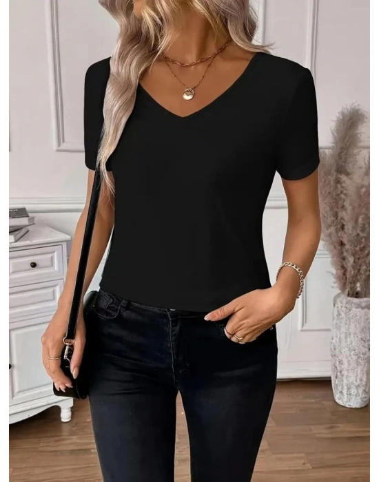 Kadın Kısa Kollu V Yakalı Arkası Dantelli Viskon Bluz