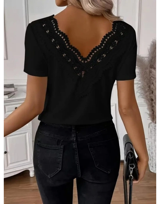 Kadın Kısa Kollu V Yakalı Arkası Dantelli Viskon Bluz