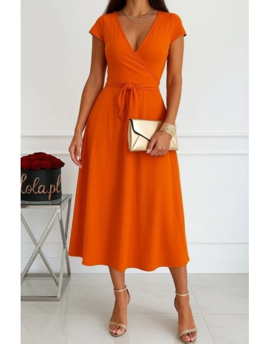 Kadın Kısa Kollu V Yakalı Belden Kuşaklı Maksi Boy Viskon Elbise