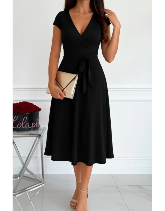 Kadın Kısa Kollu V Yakalı Belden Kuşaklı Maksi Boy Viskon Elbise