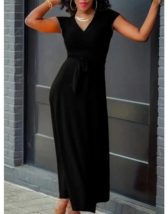 Kadın Kısa Kollu V Yakalı Belden Kuşaklı Maksi Boy Viskon Elbise