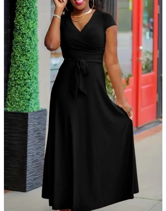 Kadın Kısa Kollu V Yakalı Belden Kuşaklı Maksi Boy Viskon Elbise