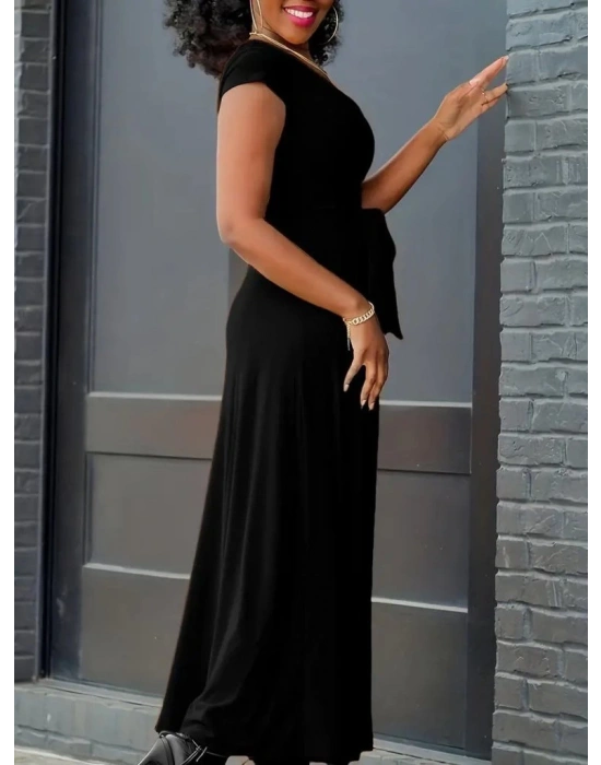 Kadın Kısa Kollu V Yakalı Belden Kuşaklı Maksi Boy Viskon Elbise