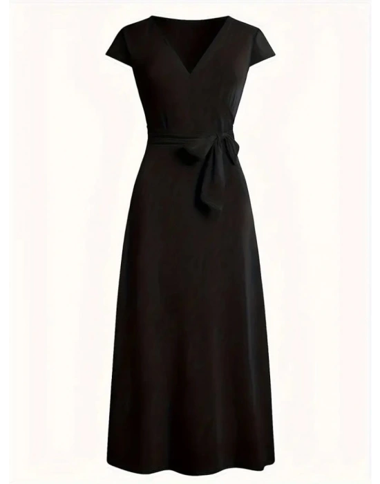 Kadın Kısa Kollu V Yakalı Belden Kuşaklı Maksi Boy Viskon Elbise