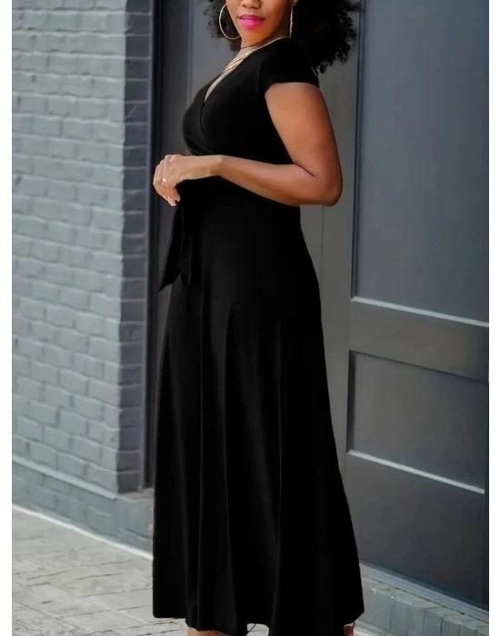 Kadın Kısa Kollu V Yakalı Belden Kuşaklı Maksi Boy Viskon Elbise