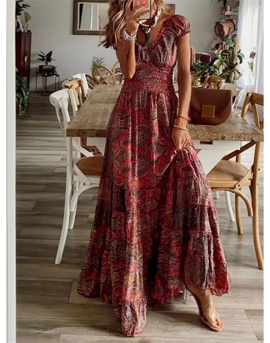 Kadın Kısa Kollu V Yakalı Beli Gipeli Desenli Süprem Maksi Elbise