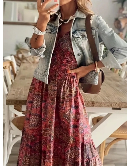 Kadın Kısa Kollu V Yakalı Beli Gipeli Desenli Süprem Maksi Elbise